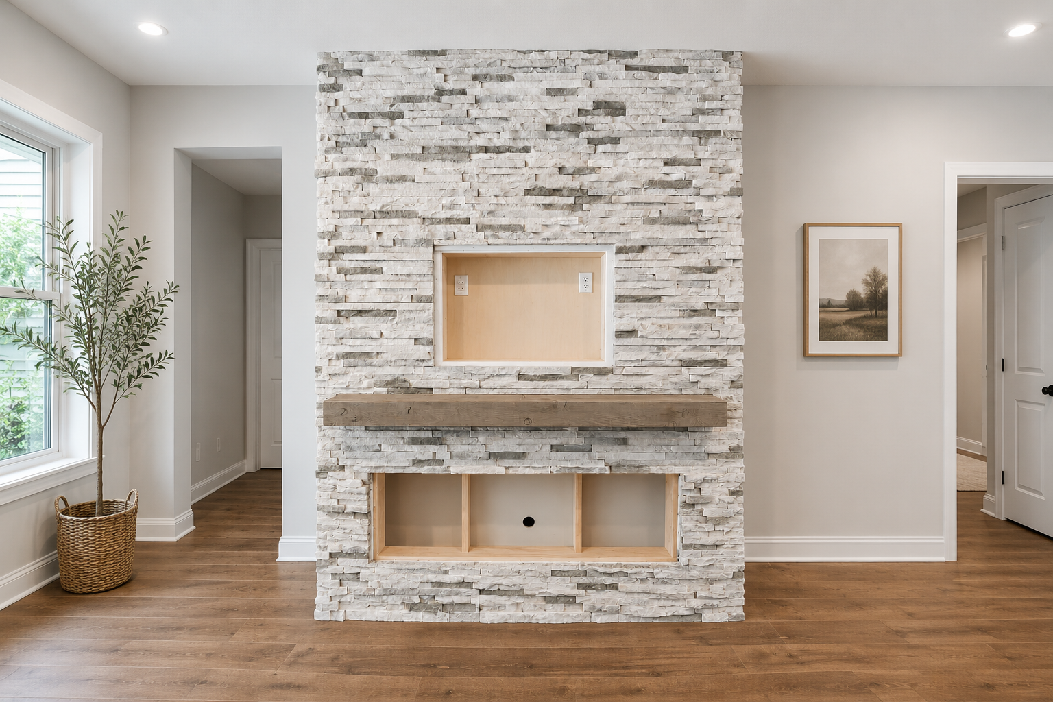 Stone fireplace feature wall
