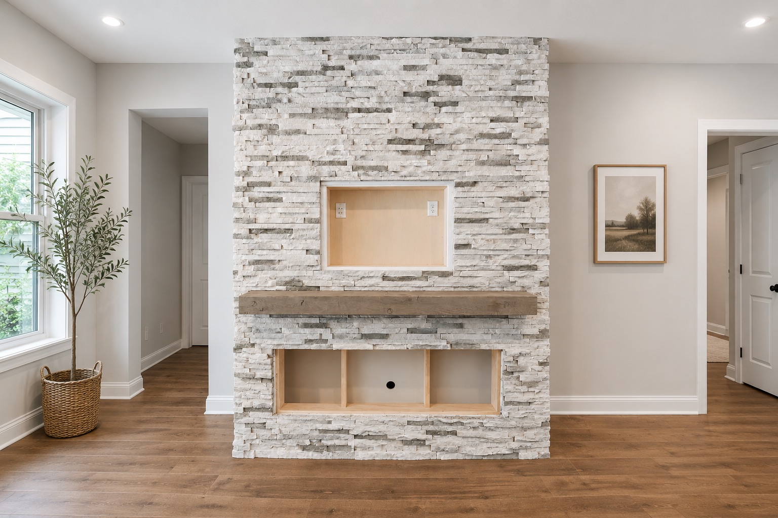 Stone fireplace feature wall